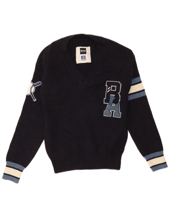 Hugo Boss Herren-Pullover mit grafischem V-Ausschnitt, mittlerer Marineblau-Farbblock