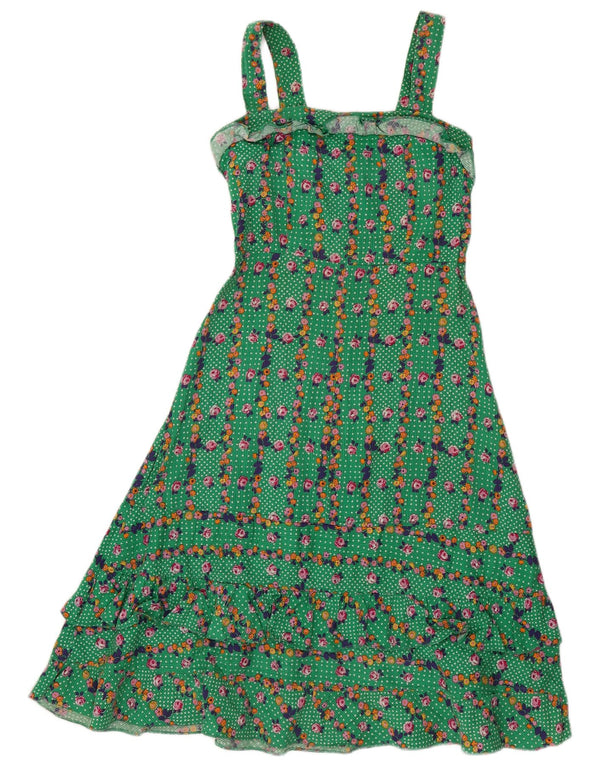 Vintage Damen Ärmelloses A-Linien-Kleid UK 4 XS Grün geblümt