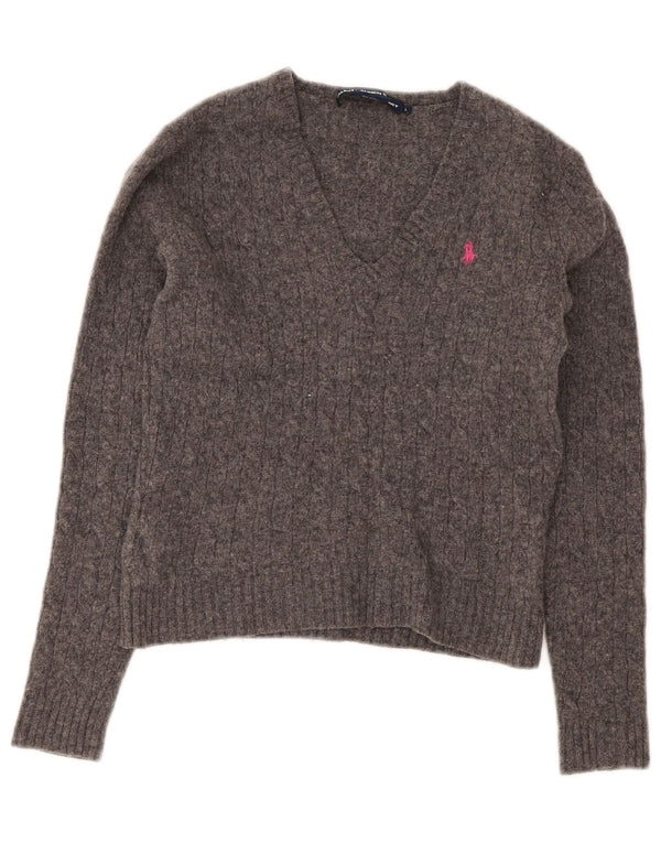 Ralph Lauren Mädchen-Pullover mit V-Ausschnitt, 9–10 Jahre, Größe L, graue Lammwolle