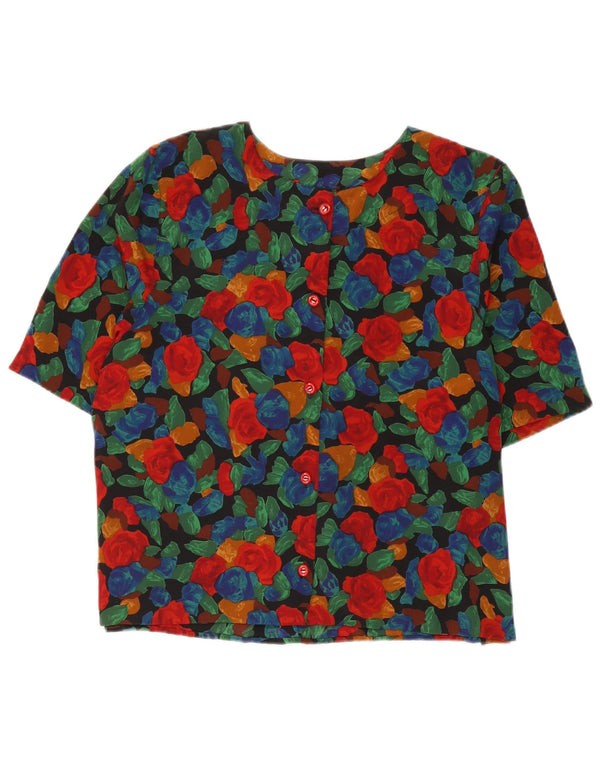 Vintage Damen Kurzarm-Hemdbluse UK 16 Großes mehrfarbiges Blumenmuster