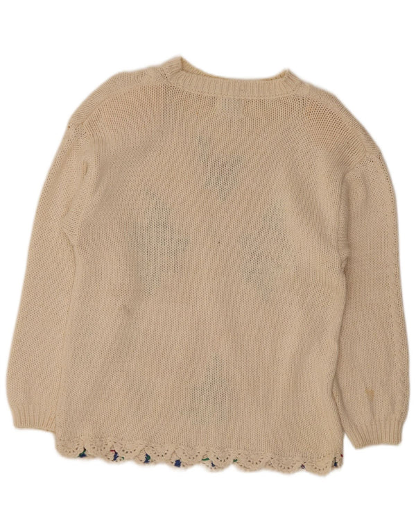 Vintage Damen Rundhalspullover Pullover UK 14 Medium Off White Floral Ramie