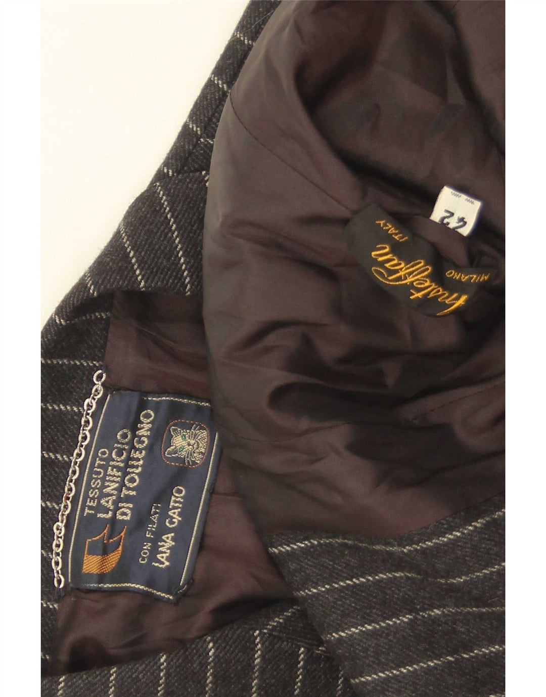 Vintage Damen 2-Knopf-Blazerjacke IT 42 Mittelschwarze Nadelstreifenwolle