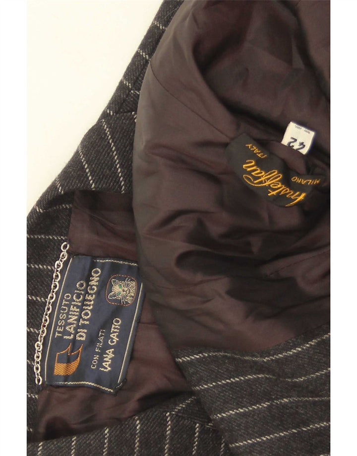 Vintage Damen 2-Knopf-Blazerjacke IT 42 Mittelschwarze Nadelstreifenwolle