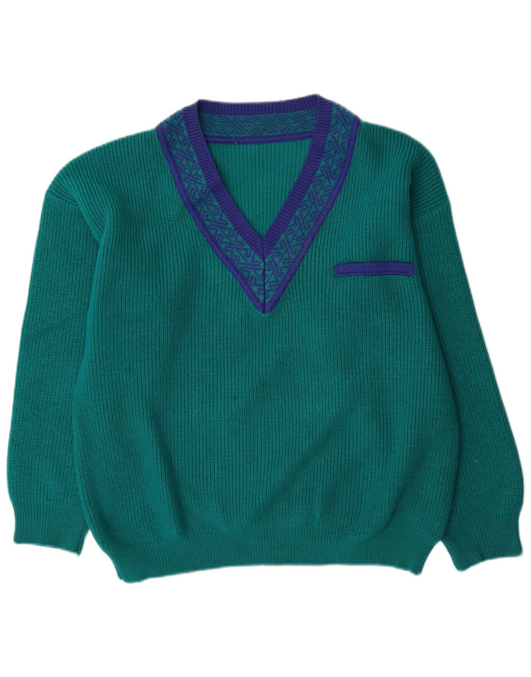 Vintage Herren Pullover mit V-Ausschnitt, große grüne geometrische Wolle