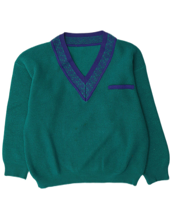 Vintage Herren Pullover mit V-Ausschnitt, große grüne geometrische Wolle
