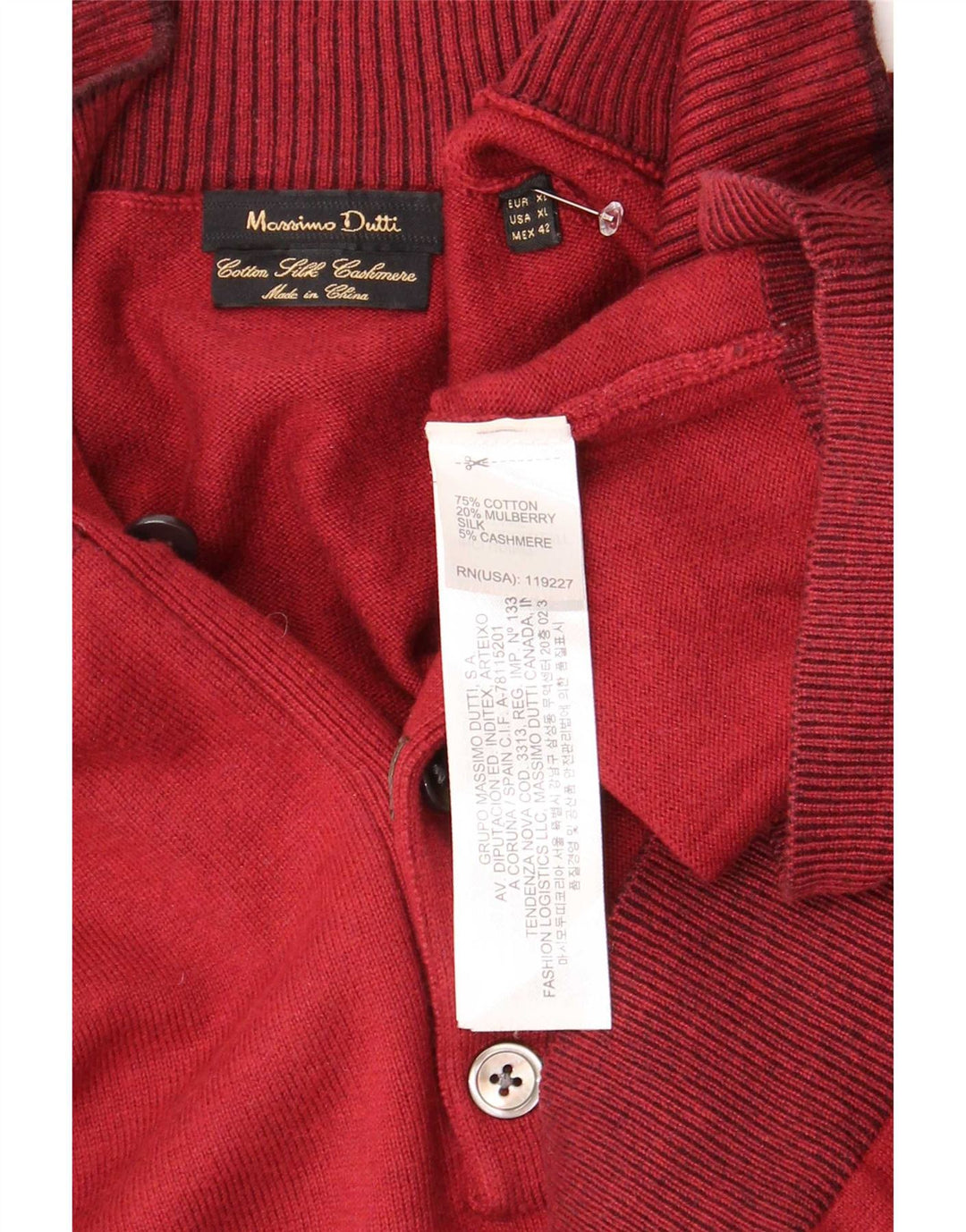 Massimo Dutti Herren-Pullover mit Knopfkragen, XL, Burgunderrot, Baumwolle