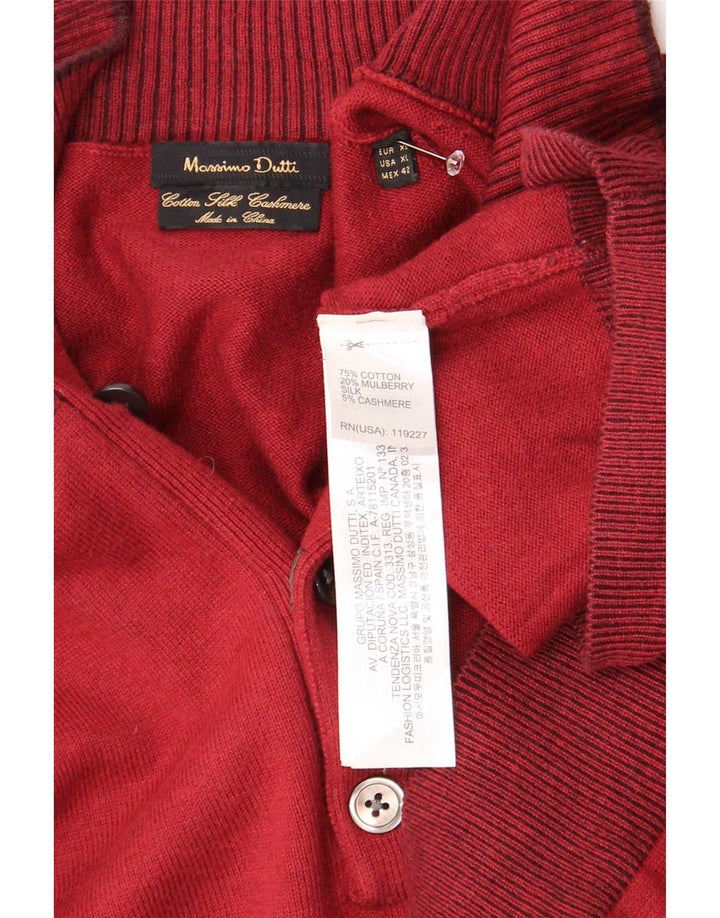 Massimo Dutti Herren-Pullover mit Knopfkragen, XL, Burgunderrot, Baumwolle