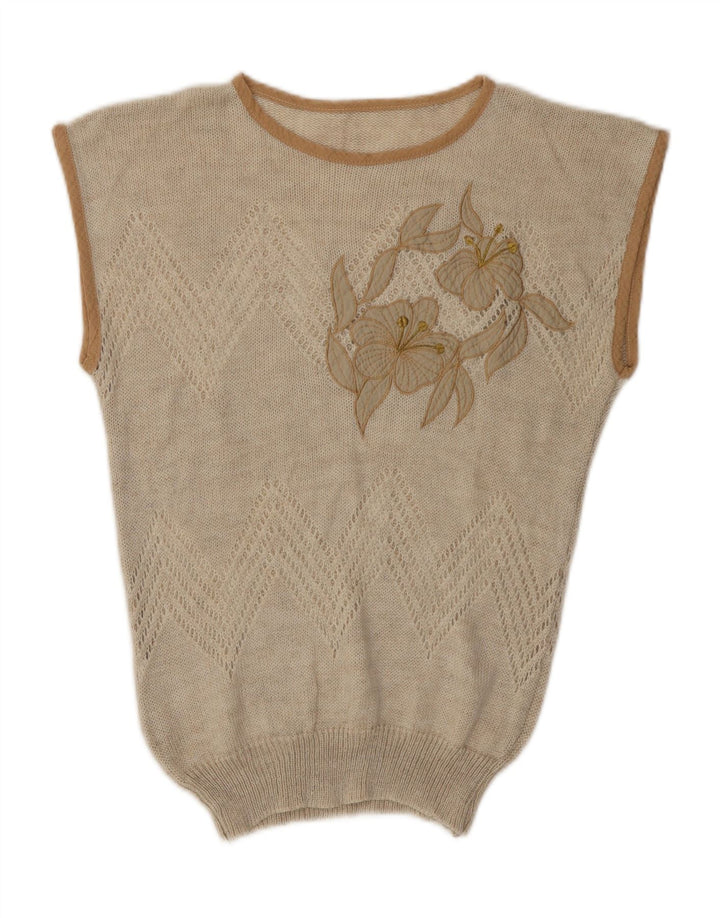 Vintage Damen Weste Tank Top UK 12 Medium Beige Floral Acryl