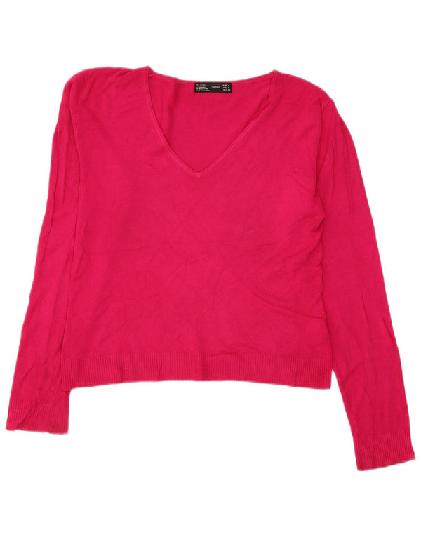 Zara Damen Crop V-Ausschnitt Pullover Pullover UK 16 Large Pink Rayon