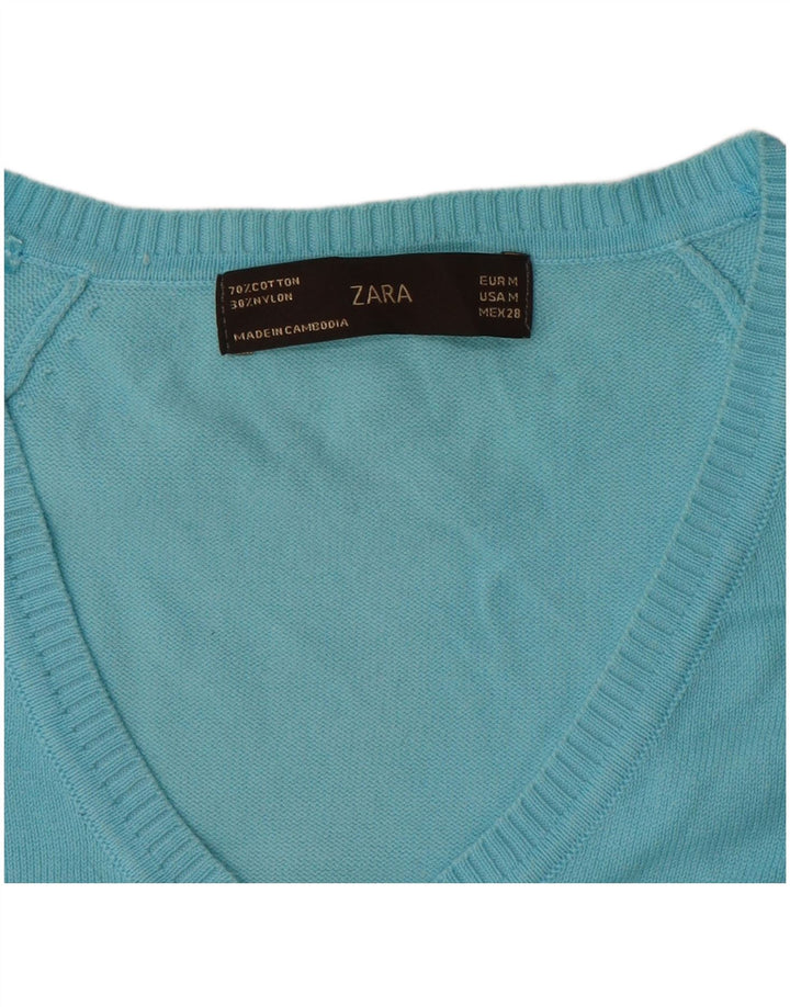Zara Damen-Pullover mit V-Ausschnitt, UK 12, mittelblaue Baumwolle