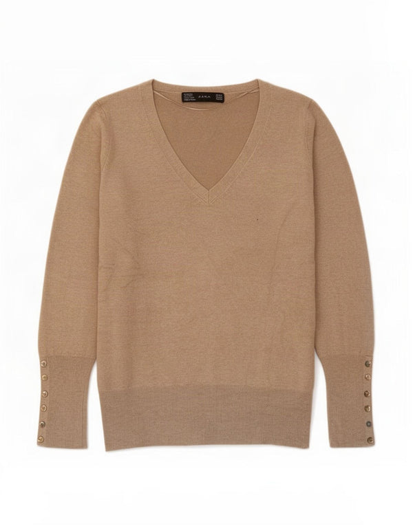Zara Damen-Pullover mit V-Ausschnitt, UK 12, Medium Beige, Viskose