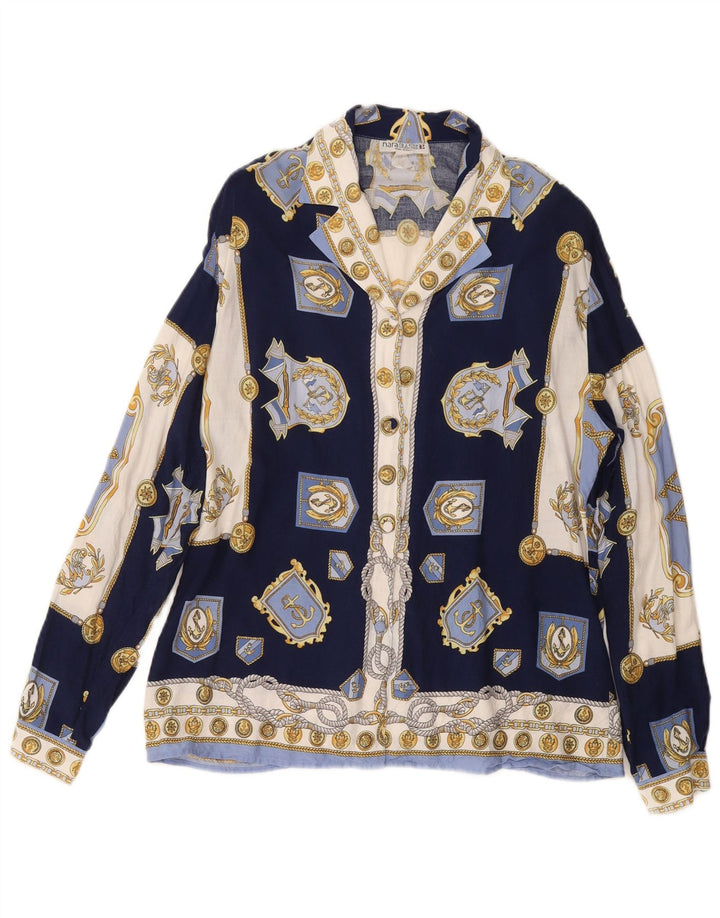 VINTAGE Damen-Hemdbluse mit abstraktem Muster, UK 14, mittleres Marineblau