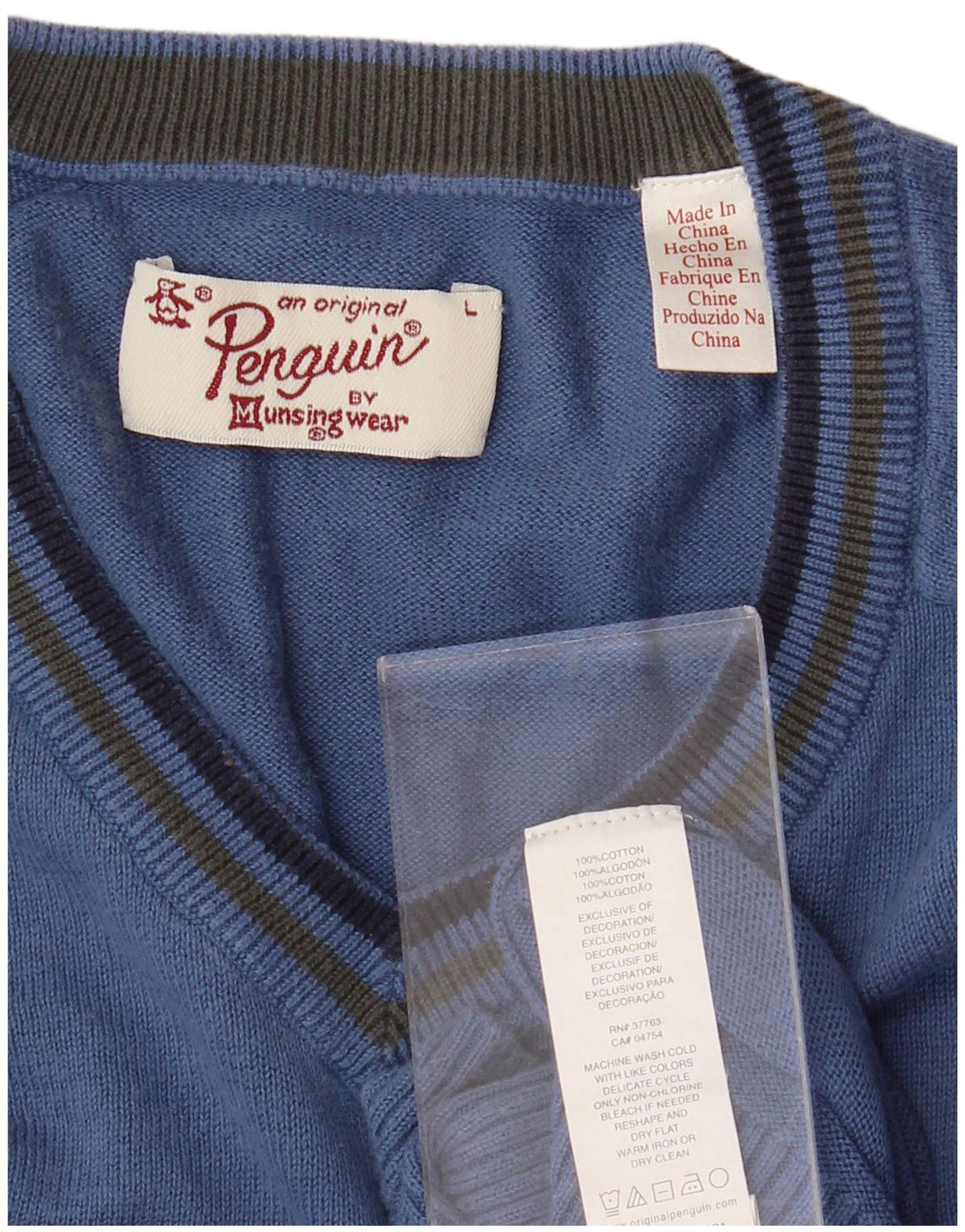 PENGUIN Herren-Pullover mit V-Ausschnitt, groß, aus blauer Baumwolle