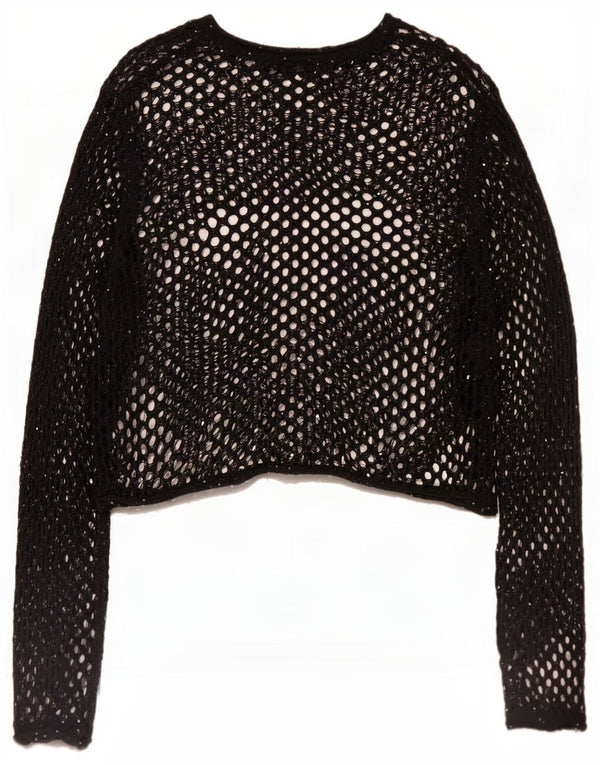 Zara Damen Übergroßes, langärmliges, durchsichtiges Häkeloberteil, UK 10, Größe S, Schwarz
