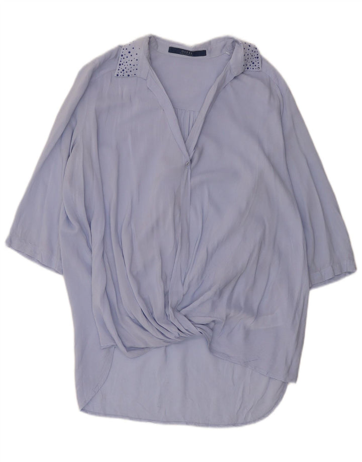 Guess Damen-Tunika-Oberteil mit 3/4-Ärmeln, übergroß, UK 10, Größe S, blau geflecktes Viskose