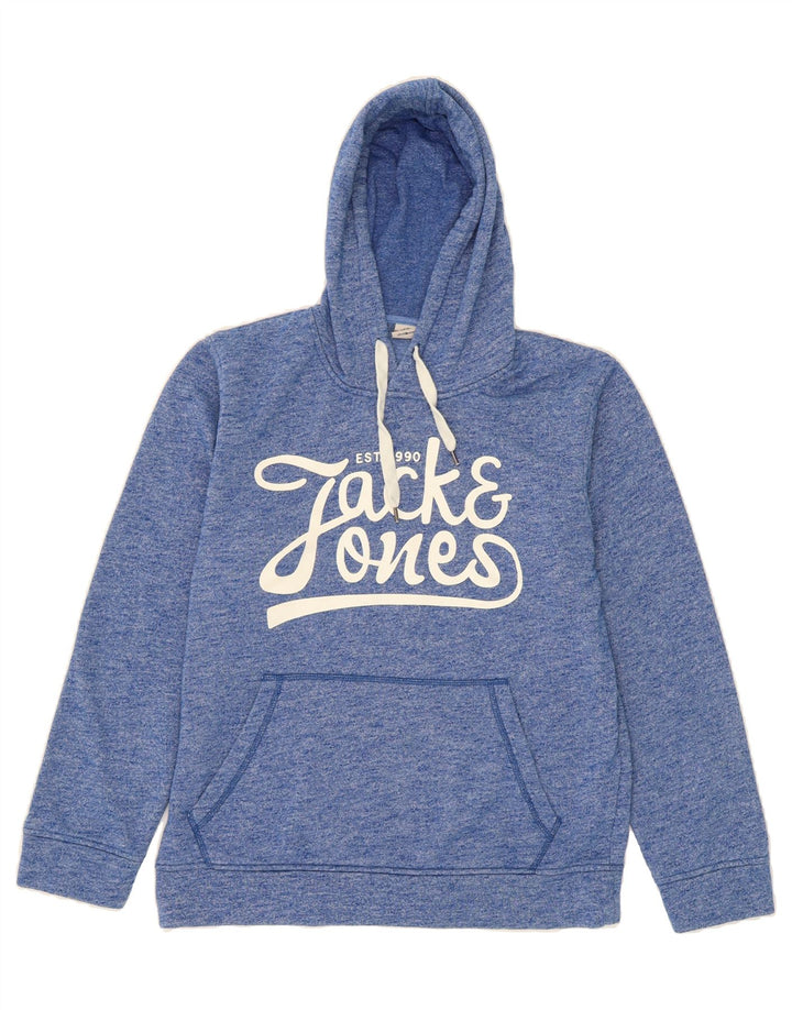 JACK & JONES Mens Graphic Hoodie Jumper Large Blue Flecked Polyester Vintage Jack & Jones and Second-Hand Jack & Jones from Messina Hembry 