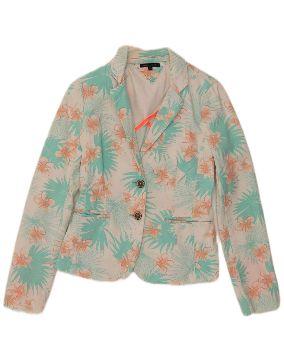Tommy Hilfiger Damen-Blazerjacke mit 2 Knöpfen, US-Größe 4, kleine blaue Blumen-Baumwolle