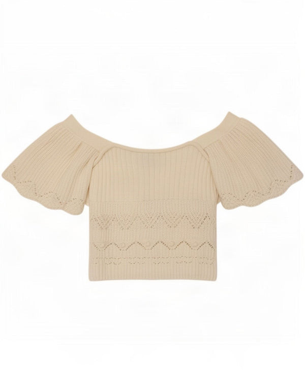 Zara Damen Crop Knit Off Shoulder Bluse Top UK 14 Large Weiße Baumwolle