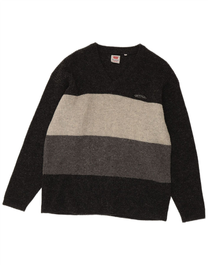 Levi's Herren-Pullover mit V-Ausschnitt, groß, graue Farbblock-Schurwolle