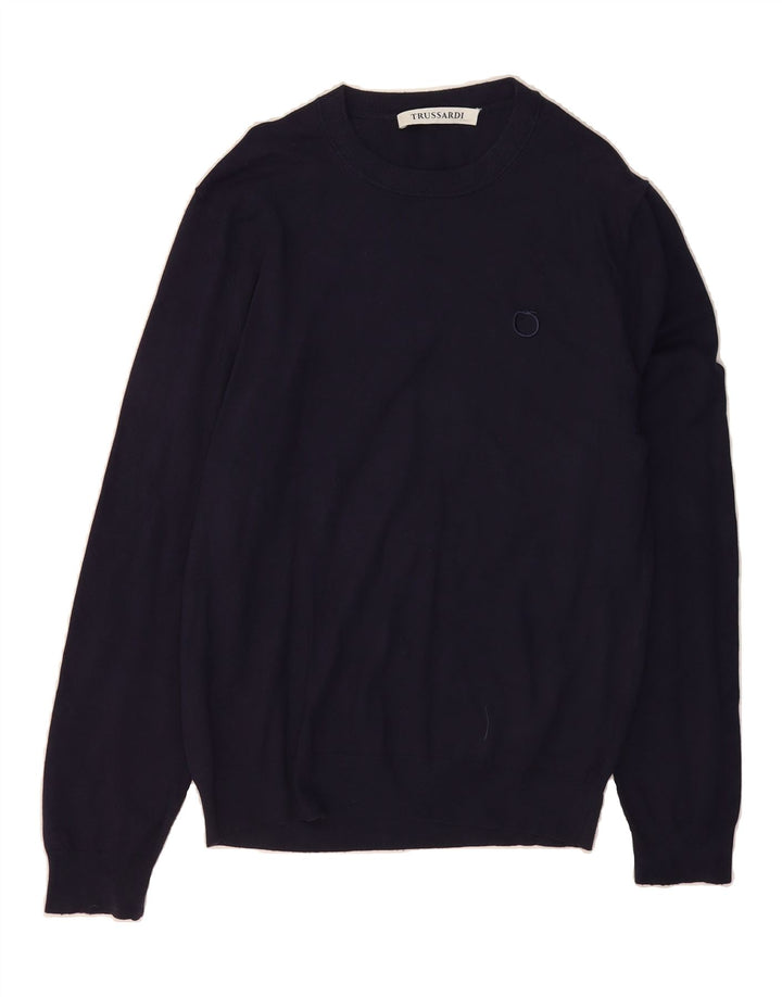 TRUSSARDI Mens Crew Neck Jumper Sweater Medium Navy Blue Viscose Vintage Trussardi and Second-Hand Trussardi from Messina Hembry 