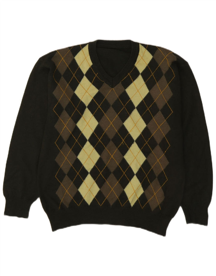 Vintage Herren V-Ausschnitt Pullover Pullover Mittelgrün Argyle/Diamant