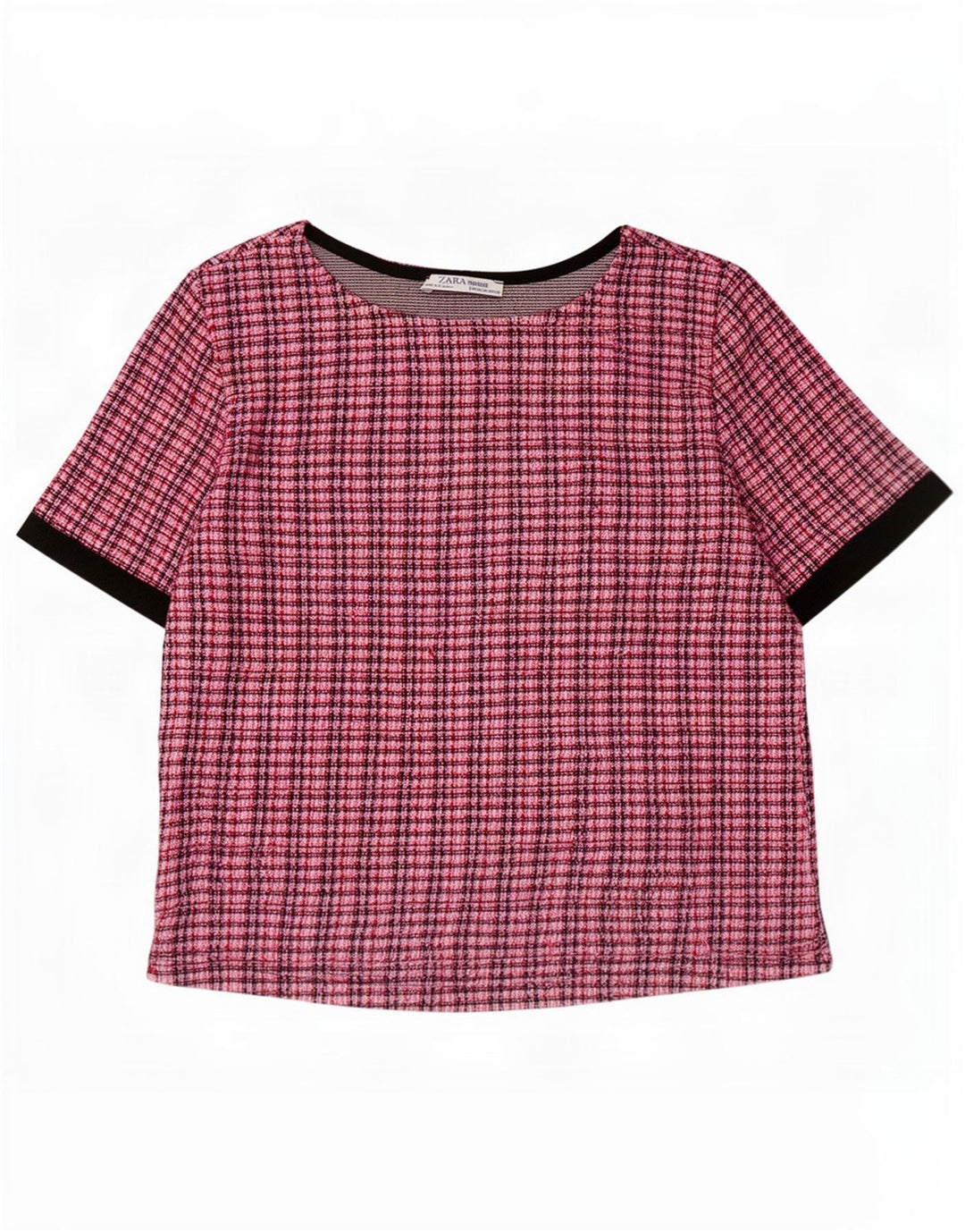 Zara Damen Crop Bluse Top UK 12 Medium Pink Check Polyester
