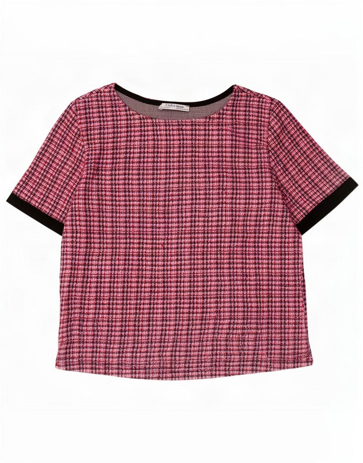 Zara Damen Crop Bluse Top UK 12 Medium Pink Check Polyester