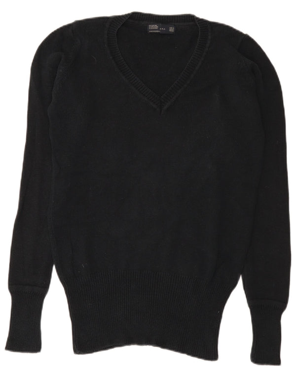 Zara Womens V-Neck Jumper Sweater UK 12 Medium Black Cotton