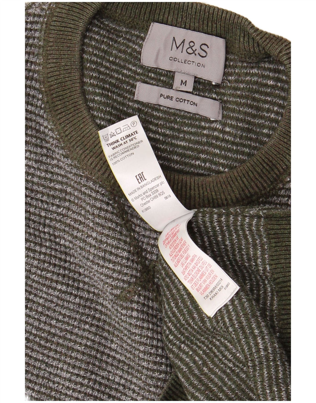 MARKS & SPENCER Herren-Pullover mit Rundhalsausschnitt, mittlerer Khaki-Streifen aus Baumwolle