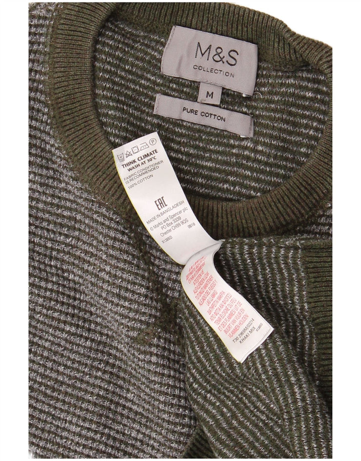 MARKS & SPENCER Herren-Pullover mit Rundhalsausschnitt, mittlerer Khaki-Streifen aus Baumwolle