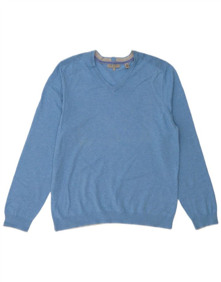 TED BAKER Herren-Pullover mit V-Ausschnitt, Größe 4, groß, blau gefleckte Baumwolle