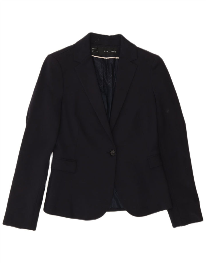 Zara Damen 1-Knopf-Blazerjacke UK 10 Small Marineblaue Baumwolle