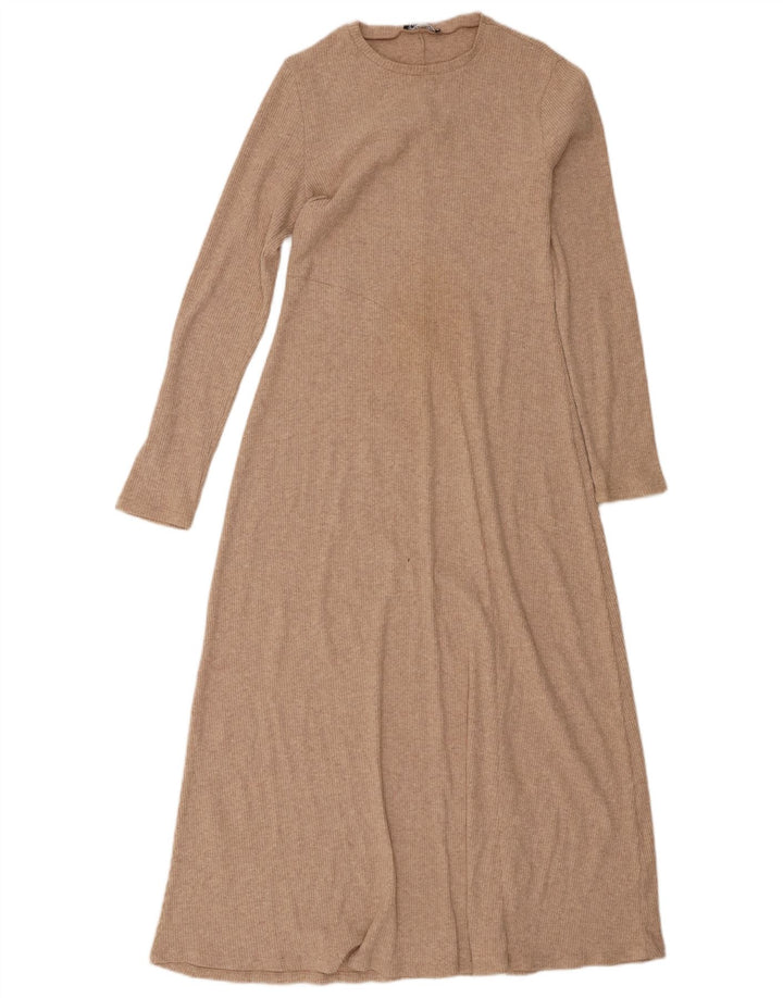 Zara Damen Langarm-Maxikleid UK 12 Medium Beige