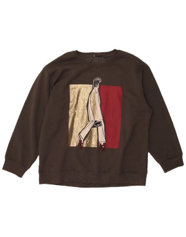 Zara Womens Graphic Oversized Sweatshirt Pullover UK 18 XL Khaki Baumwolle