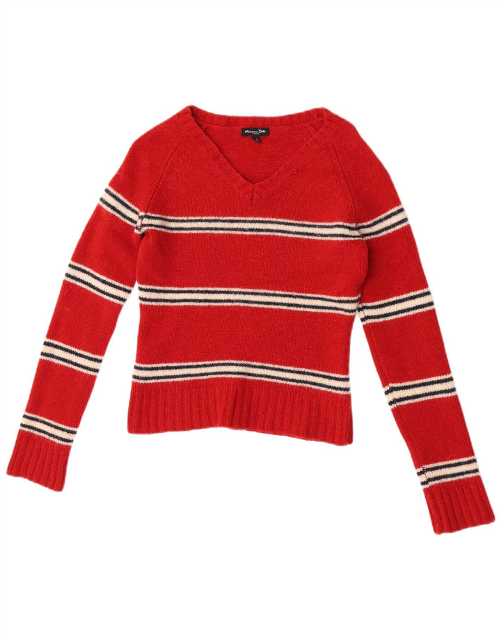 Massimo Dutti Damen-Pullover mit bauchfreiem V-Ausschnitt, Gr. 8, klein, rot gestreift, Wolle