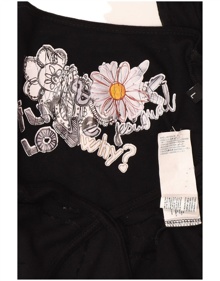 Desigual Damen Langarm-Basic-Kleid UK 14 Große schwarze Viskose mit Blumenmuster