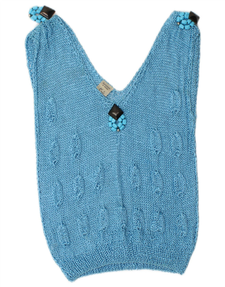 Vintage Damen Weste Tank Top UK 10 Small Blue Rayon