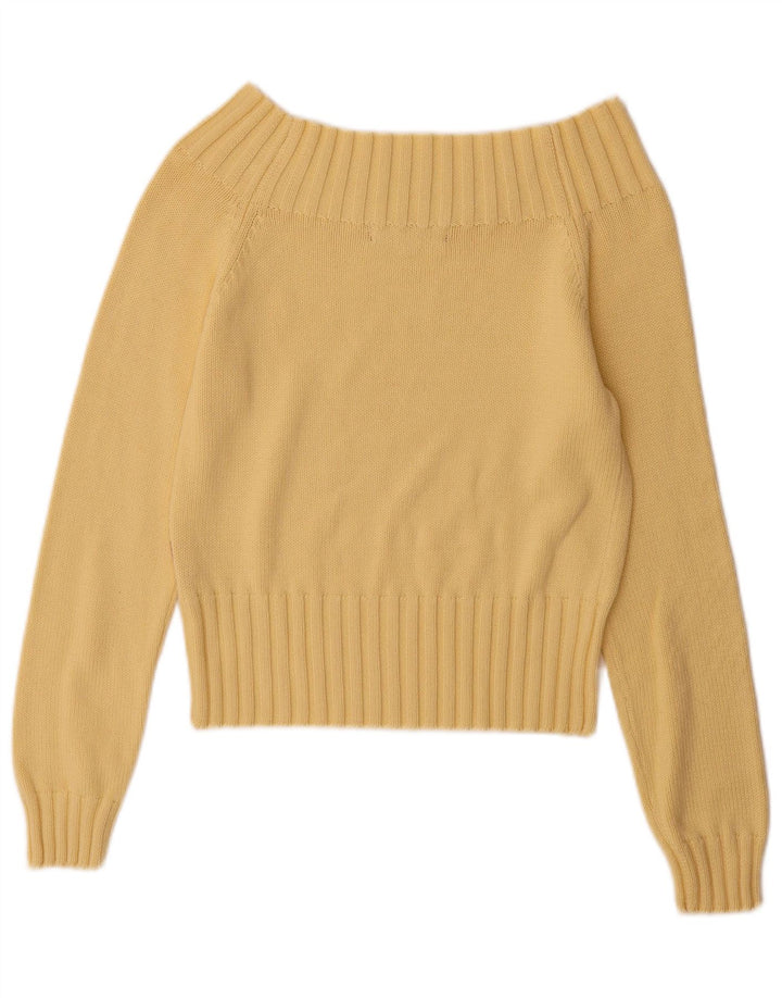 Vintage Damen Off Shoulder Pullover UK 12 Mittelgelbe Baumwolle