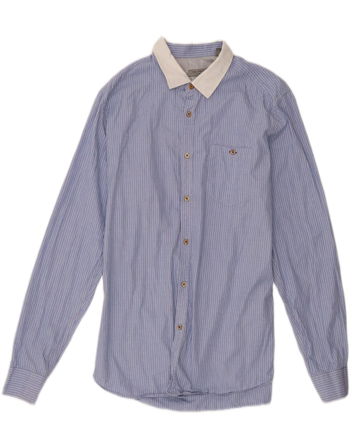 Ted Baker Herrenhemd, Größe 5 XL, blaue Nadelstreifen-Baumwolle
