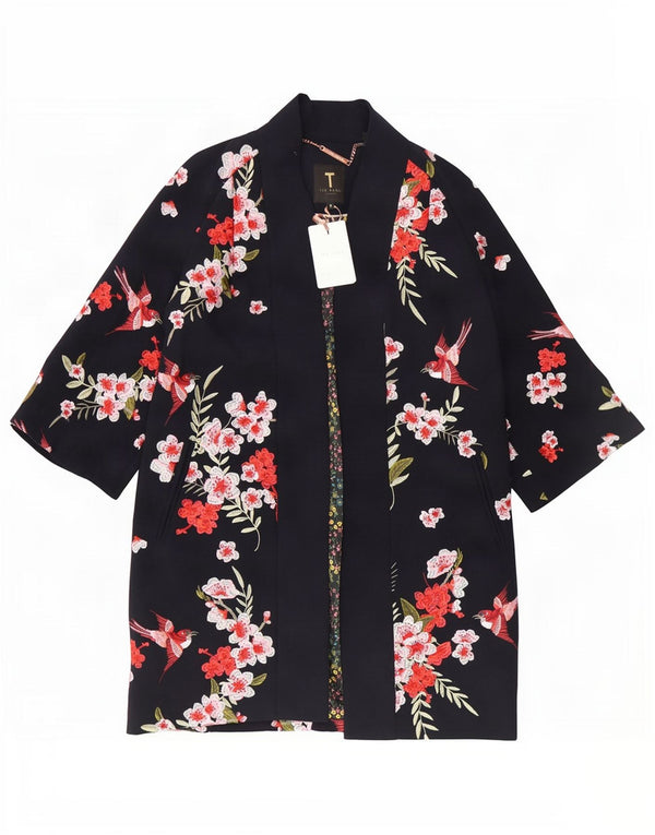 Übergroßer Damenmantel mit 3/4-Ärmeln von Ted Baker, Gr. 10, Größe S, Marineblau mit Blumenmuster