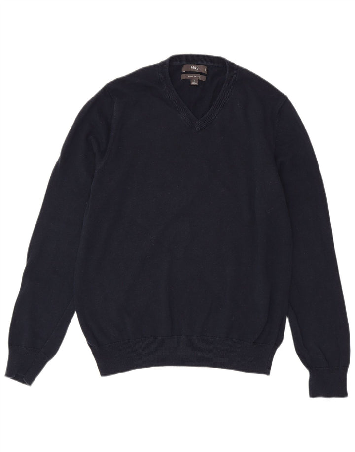 Marks & Spencer Herren-Pullover mit V-Ausschnitt aus mittelblauer Baumwolle