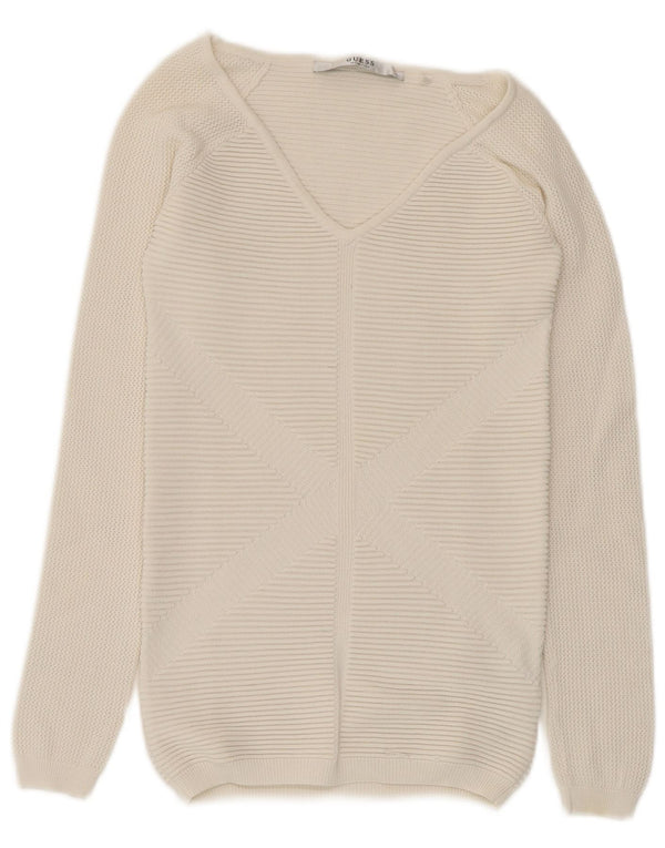 Guess Damen-Pullover mit V-Ausschnitt, UK 4 XS, weiße Viskose