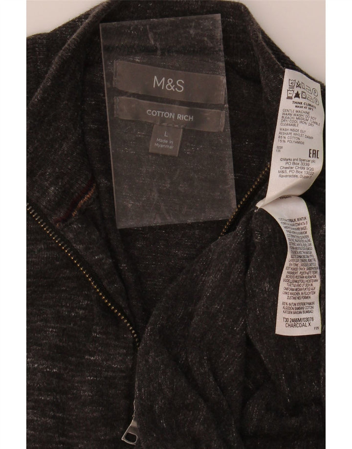 MARKS & SPENCER Mens Zip Neck Jumper Sweater Large Grey Flecked Cotton Vintage Marks & Spencer and Second-Hand Marks & Spencer from Messina Hembry 