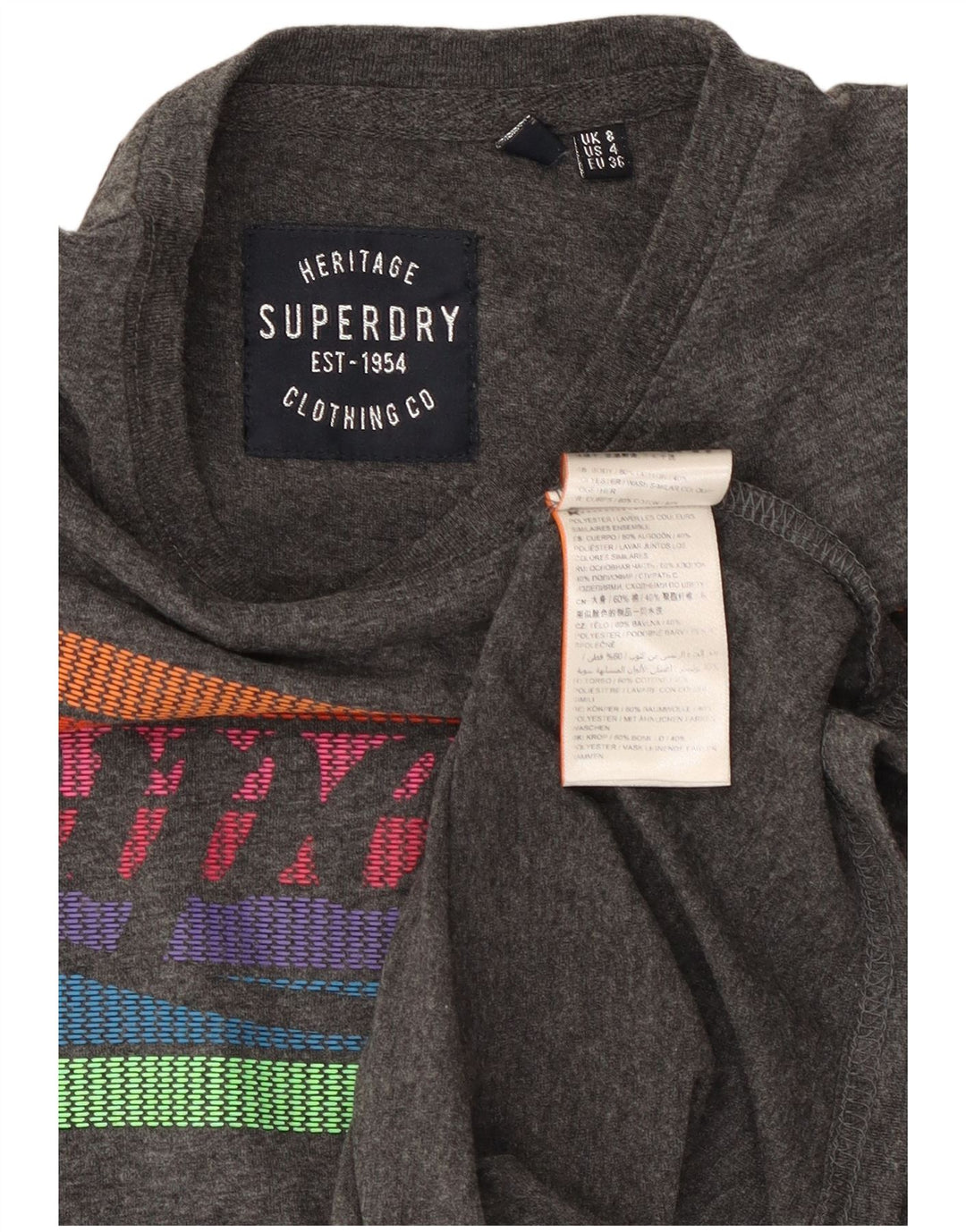 SUPERDRY Damen Heritage Graphic T-Shirt Top UK 8 Small Grau Baumwolle