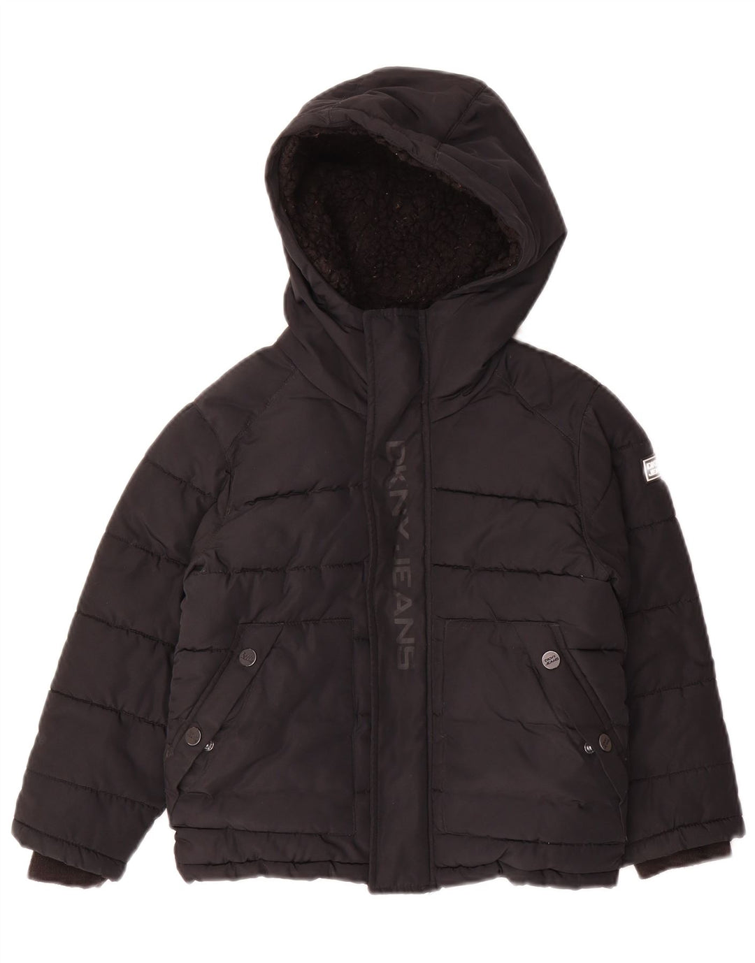 Dkny Jungen wattierte Jacke mit grafischer Kapuze, 5–6 Jahre, schwarzes Polyester
