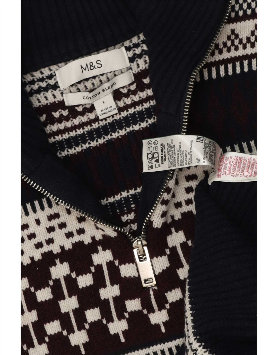 Marks & Spencer Herren-Pullover mit Reißverschluss am Hals, groß, Marineblau, Fair-Isle-Muster
