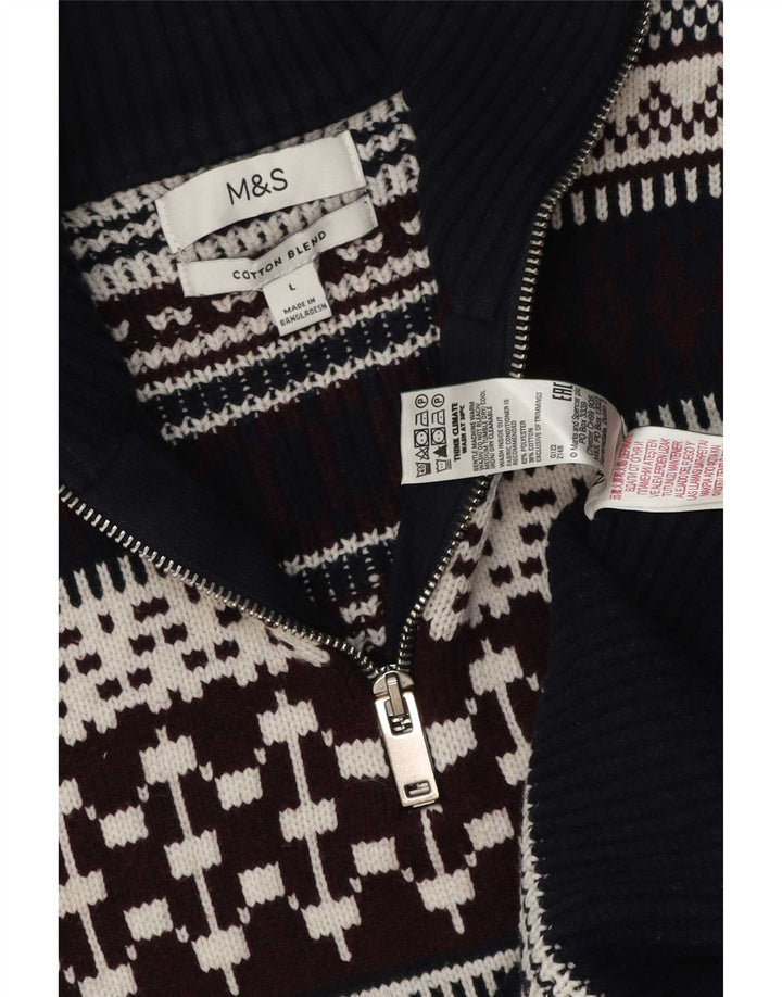 Marks & Spencer Herren-Pullover mit Reißverschluss am Hals, groß, Marineblau, Fair-Isle-Muster