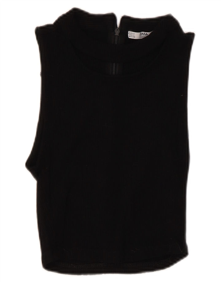 Zara Damen Ärmelloses Crop Top UK 8 Small Schwarze Viskose