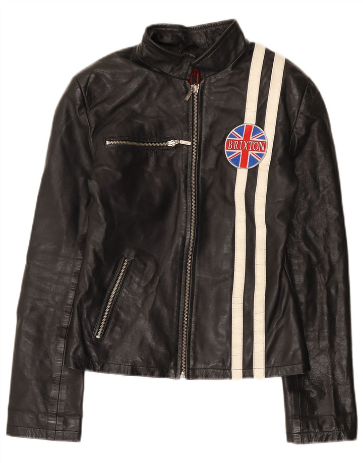 BRIXTON Damen Lederjacke UK 10 Small Schwarzes Colourblock-Leder