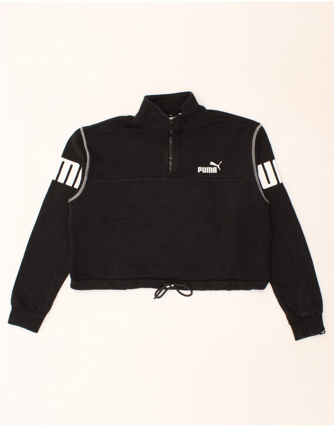 PUMA Womens Oversized Graphic Zip Neck Sweatshirt Jumper UK 10 Small Black Vintage Puma and Second-Hand Puma from Messina Hembry 